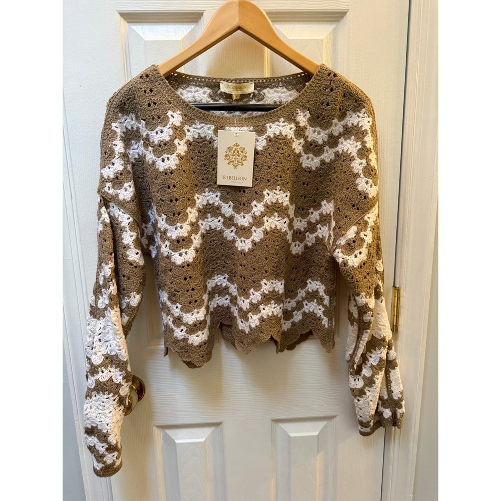Rebellion Again Crochet Sweater Women M Brown White Boho 70s Festival NWT